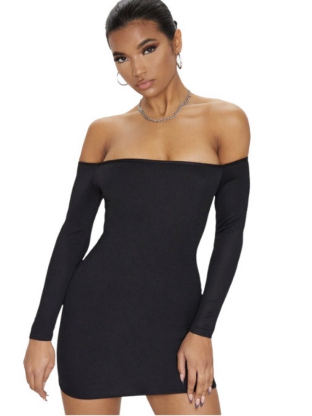 Pretty Little Thing Black Long Sleeve Bardot Bodycon Dress